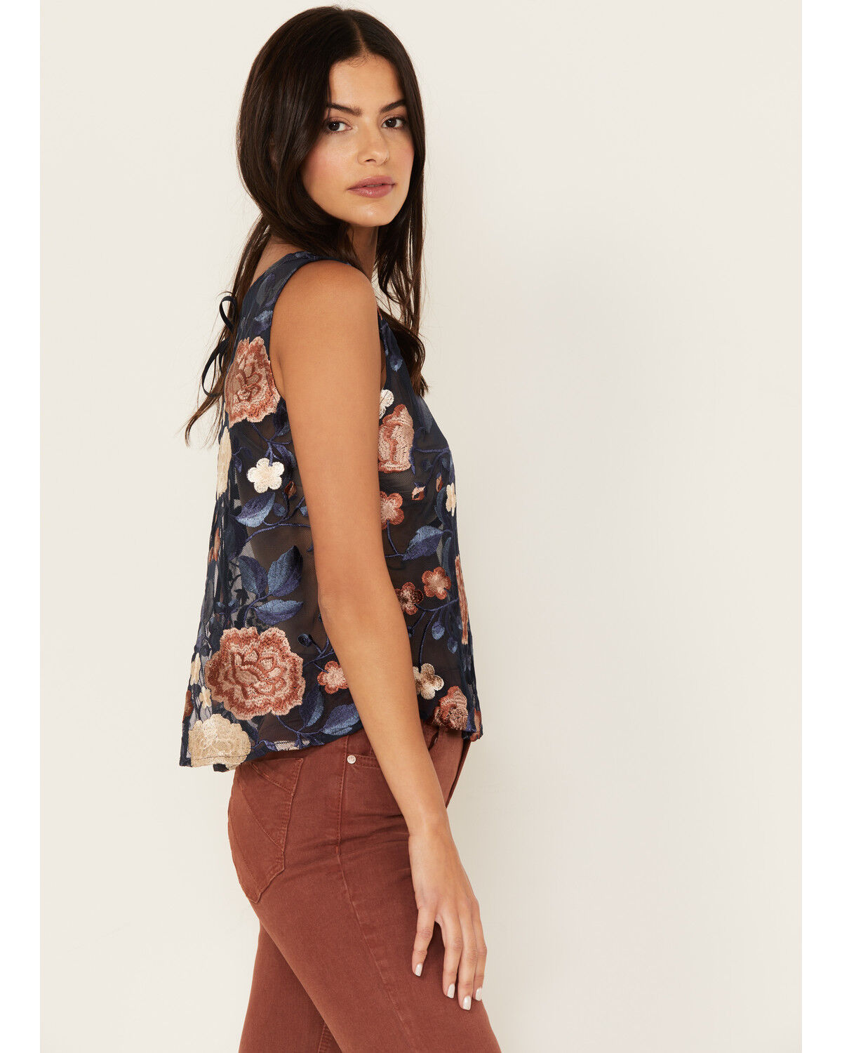 Image #2 - Shyanne Women's Floral Embroidered Mesh Tank Top, Dark Blue, hi-res