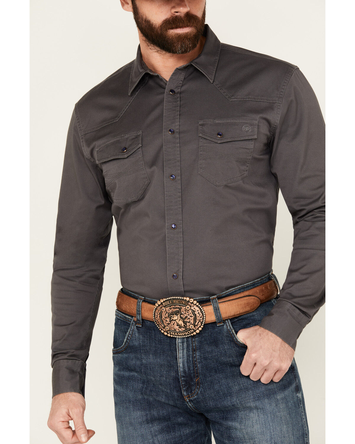Image #3 - Blue Ranchwear Men's Rustler Solid Twill Long Sleeve Snap Stretch Western Work Shirt, Charcoal, hi-res
