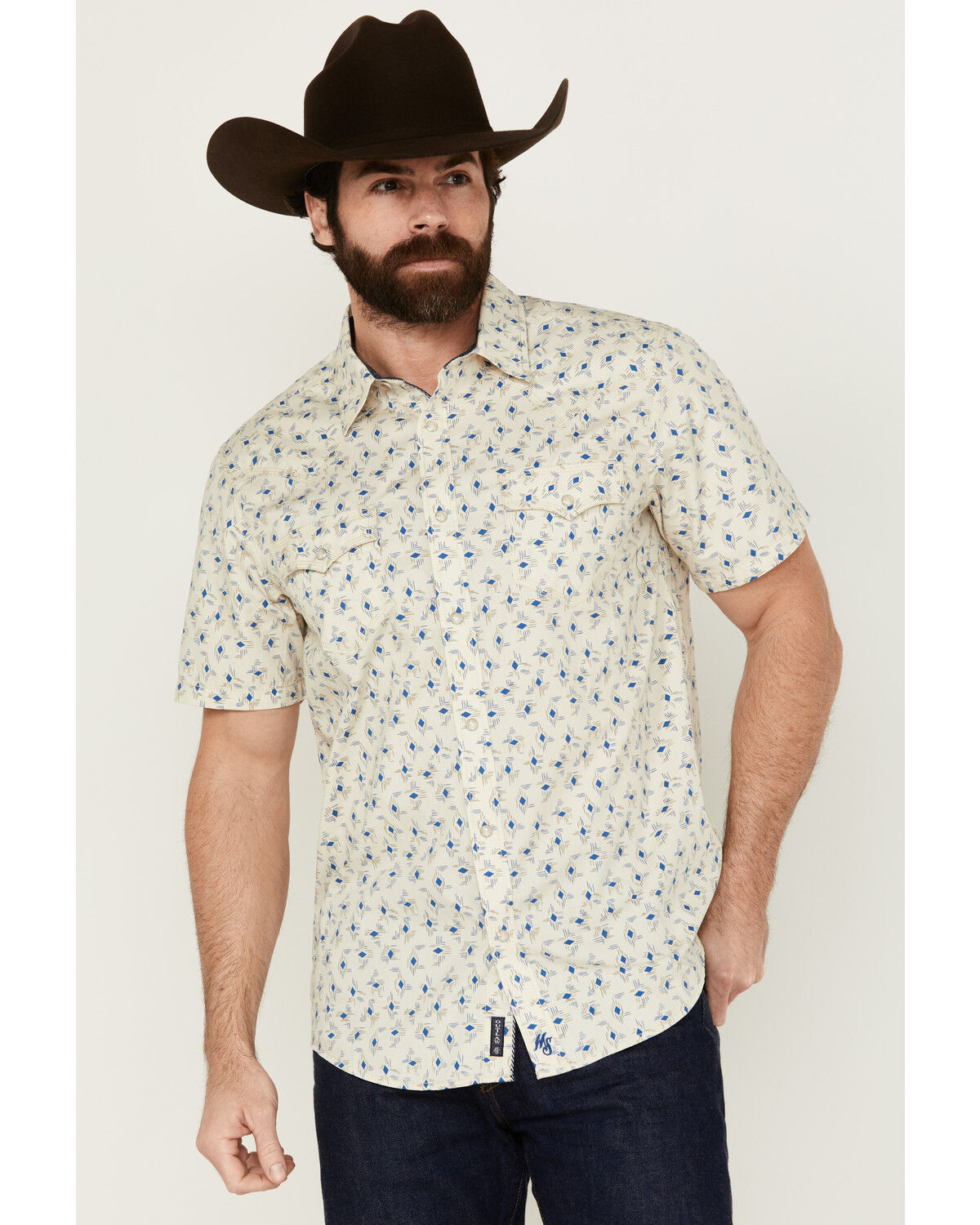 Image #1 - Moonshine Spirit Men's Tenor Southwestern Geo Print Short Sleeve Snap Western Shirt, Cream, hi-res