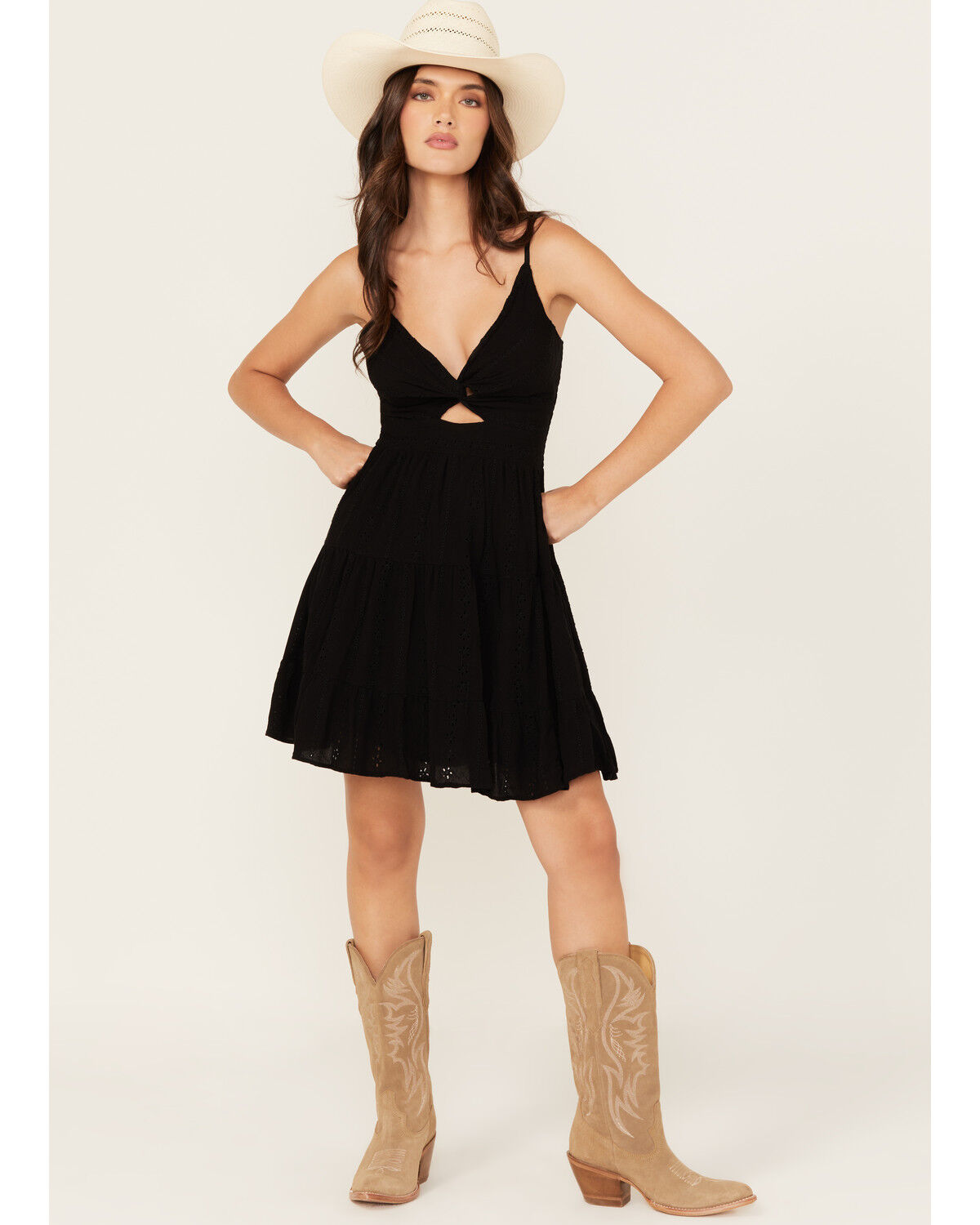 Image #1 - Angie Women's Eyelet Knot Front Mini Dress, Black, hi-res