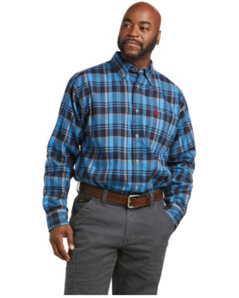 Ariat Men's FR Carter Plaid Print Long Sleeve Button Down Work Shirt , Black/blue, hi-res