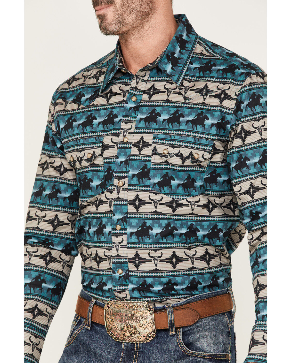 Image #3 - Rock & Roll Denim Men's Dale Brisby Southwestern Print Long Sleeve Snap Western Shirt, Teal, hi-res