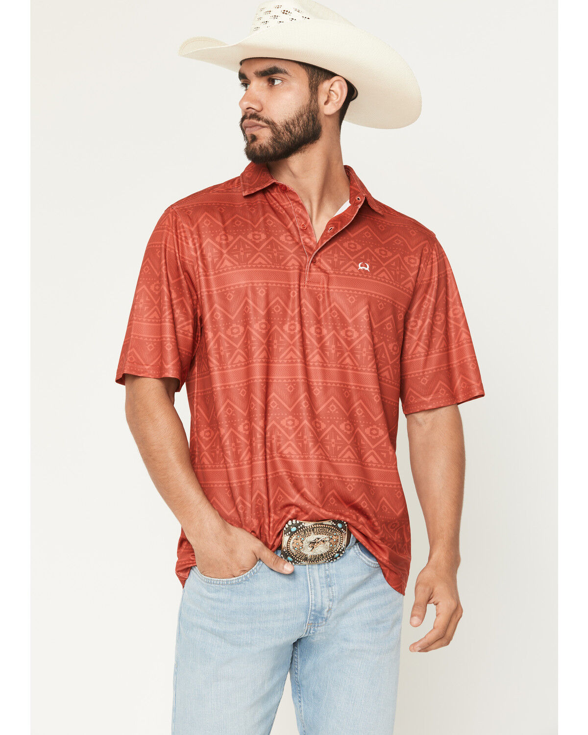 Image #2 - Cinch Men's ArenaFlex Southwestern Print Polo, Red, hi-res