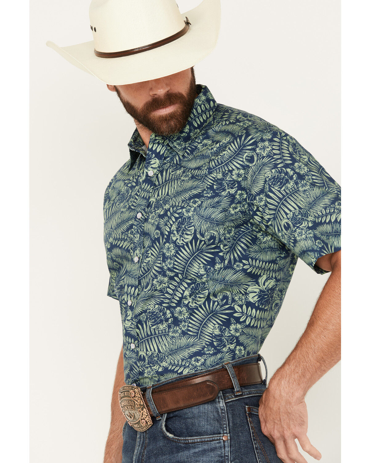 Image #2 - Roper Men's West Made Leaf and Horseshoe Print Short Sleeve Pearl Snap Western Shirt, , hi-res