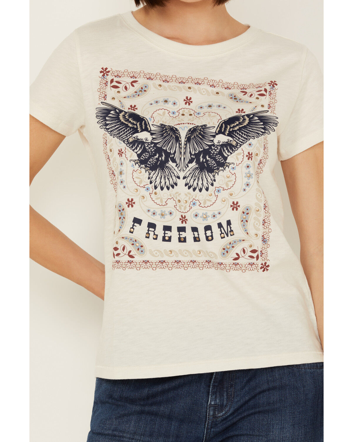 Image #3 - Shyanne Women's Be Free Studded Short Sleeve Boyfriend Graphic Tee, Cream, hi-res