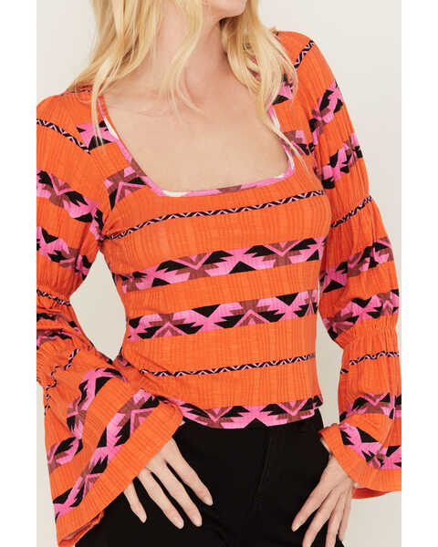Image #3 - Wrangler Women's Southwestern Striped Long Sleeve Shirt, Orange, hi-res