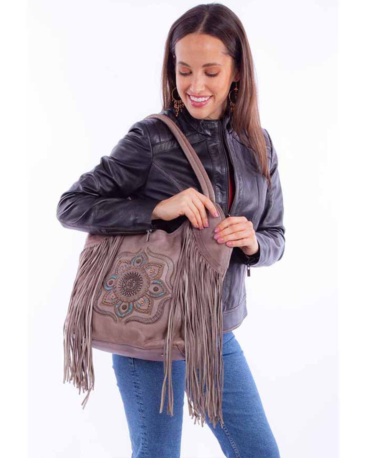 Image #1 - Scully Women's Floral Leather Fringe Tote, Grey, hi-res