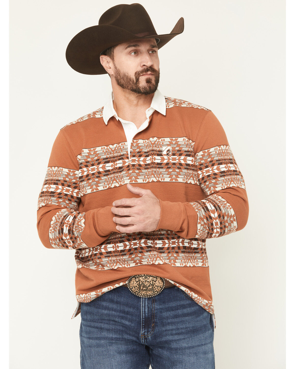 Image #1 - RANK 45® Men's Southwestern Striped Rugby Polo Shirt, Cognac, hi-res