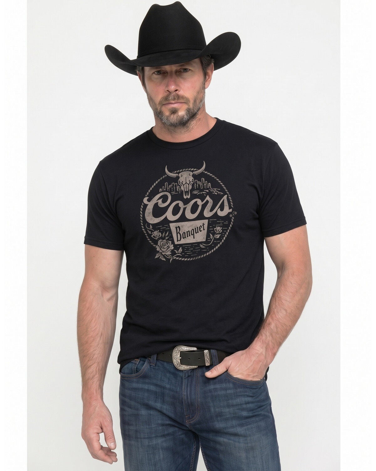 Image #1 - Coors Men's Coors Banquet Cityscape Short Sleeve Graphic T-Shirt, Black, hi-res