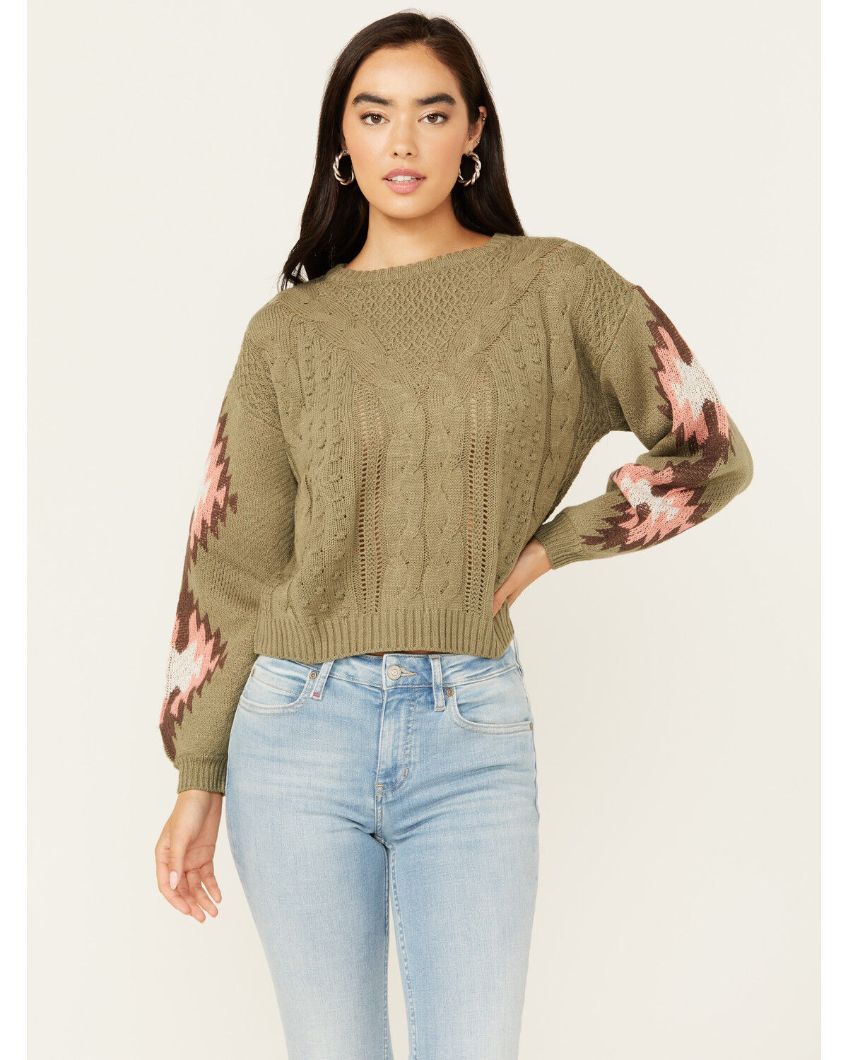 Image #1 - Rock & Roll Denim Women's Southwest Sleeve Long Sleeve Sweater, Olive, hi-res