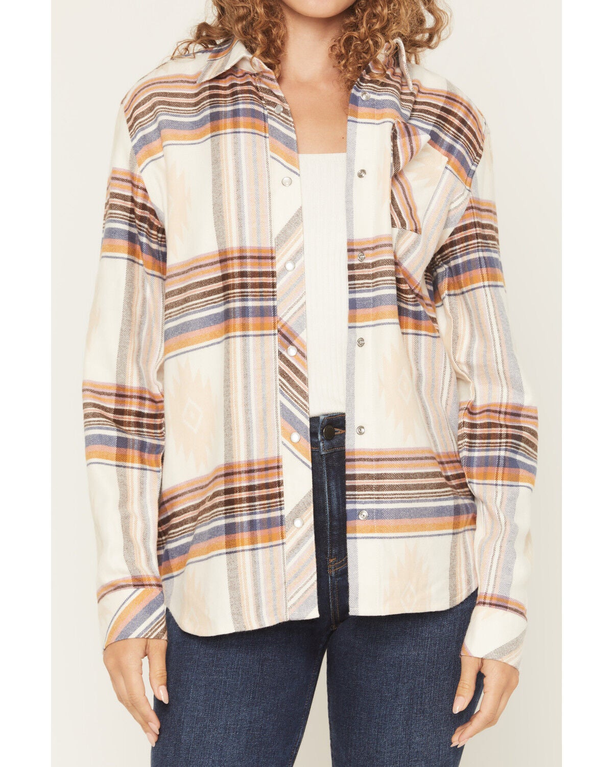 Image #3 - Idyllwind Women's Woodside Southwestern and Plaid Print Long Sleeve Snap Flannel Shirt, Cream, hi-res