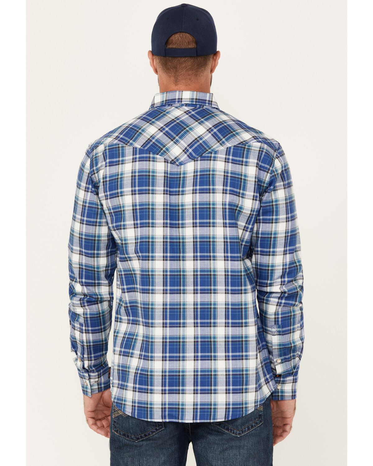 Image #4 - Cody James Men's FR Plaid Print Long Sleeve Pearl Snap Flannel Work Shirt, Navy, hi-res
