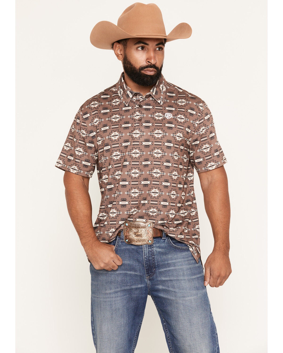 Image #1 - Rock & Roll Denim Men's Southwestern Print Short Sleeve Button-Down Stretch Polo, Brown, hi-res