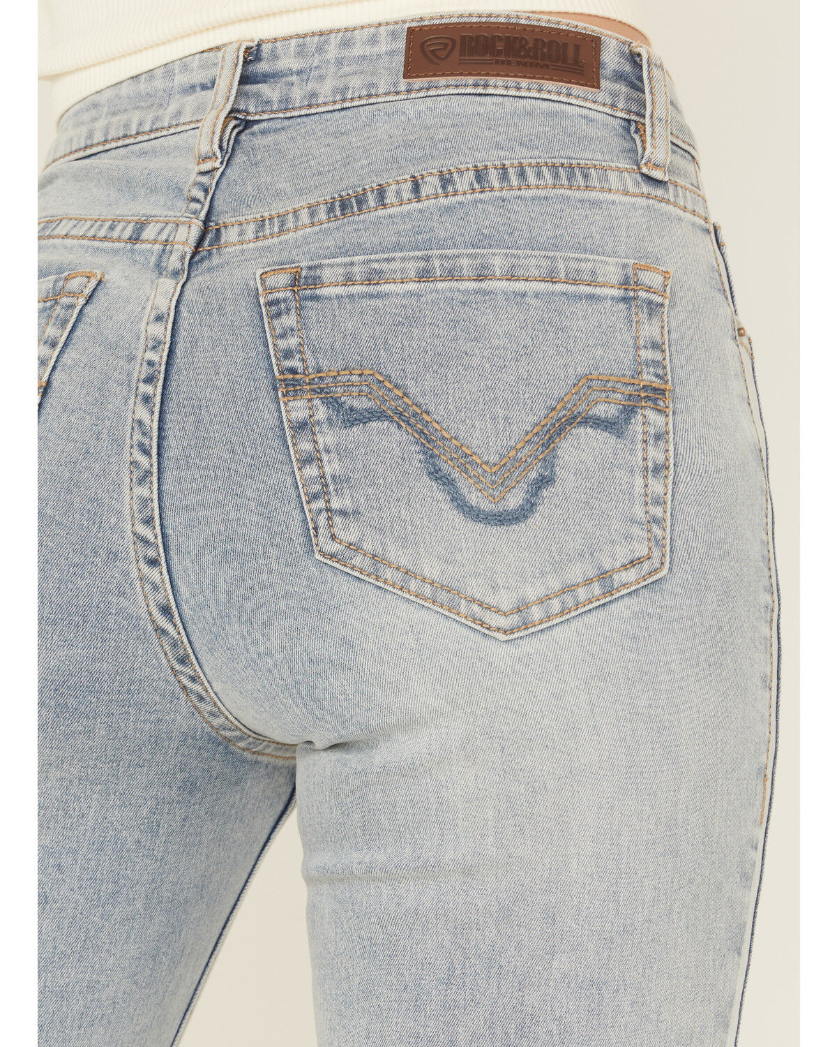 Image #2 - Rock & Roll Denim Women's Light Wash Mid Rise Two Toned Modest Bootcut Stretch Denim Jeans, Light Wash, hi-res