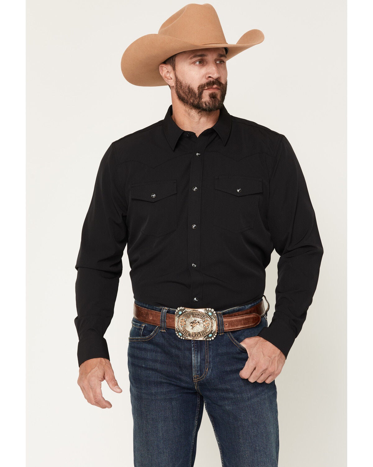 RANK 45&reg; Remming Solid Rodeo Tech 2.0 Long Sleeve Snap Stretch Performance Shirt, Black, hi-res