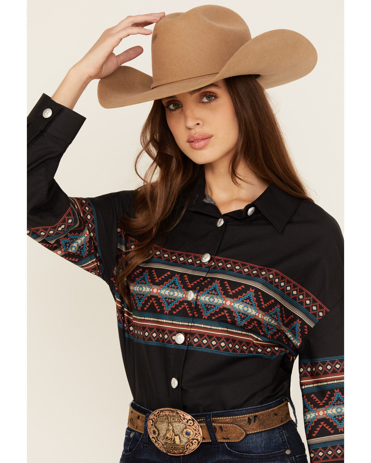 Image #2 - Rock & Roll Denim Women's Southwestern Border Print Cropped Long Sleeve Button-Down Western Shirt, Black, hi-res