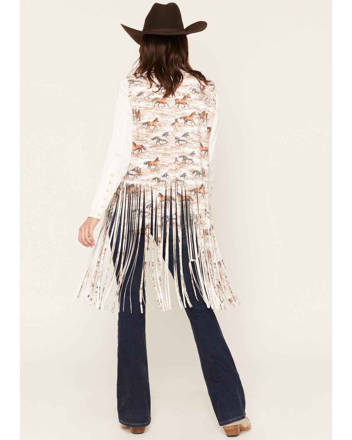 Image #4 - Fornia Women's Boot Barn Exclusive Horse Print Faux Suede Fringe Vest, Multi, hi-res
