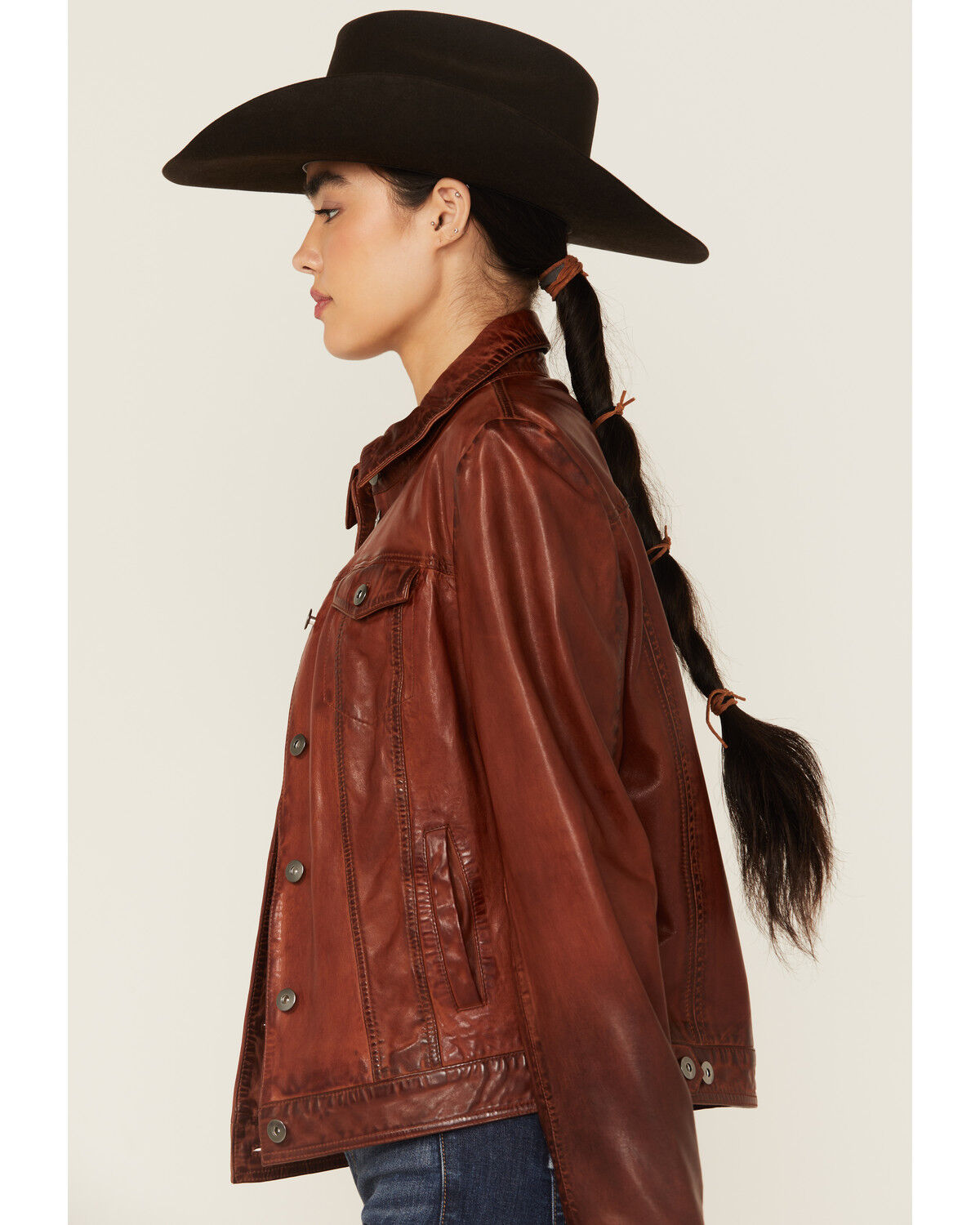 Image #2 - Scully Women's Leather Trucker Jacket, Brown, hi-res