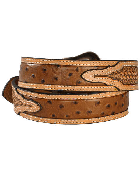 Image #2 - Nocona Basketweave Ostrich Print Leather Belt, Cognac, hi-res