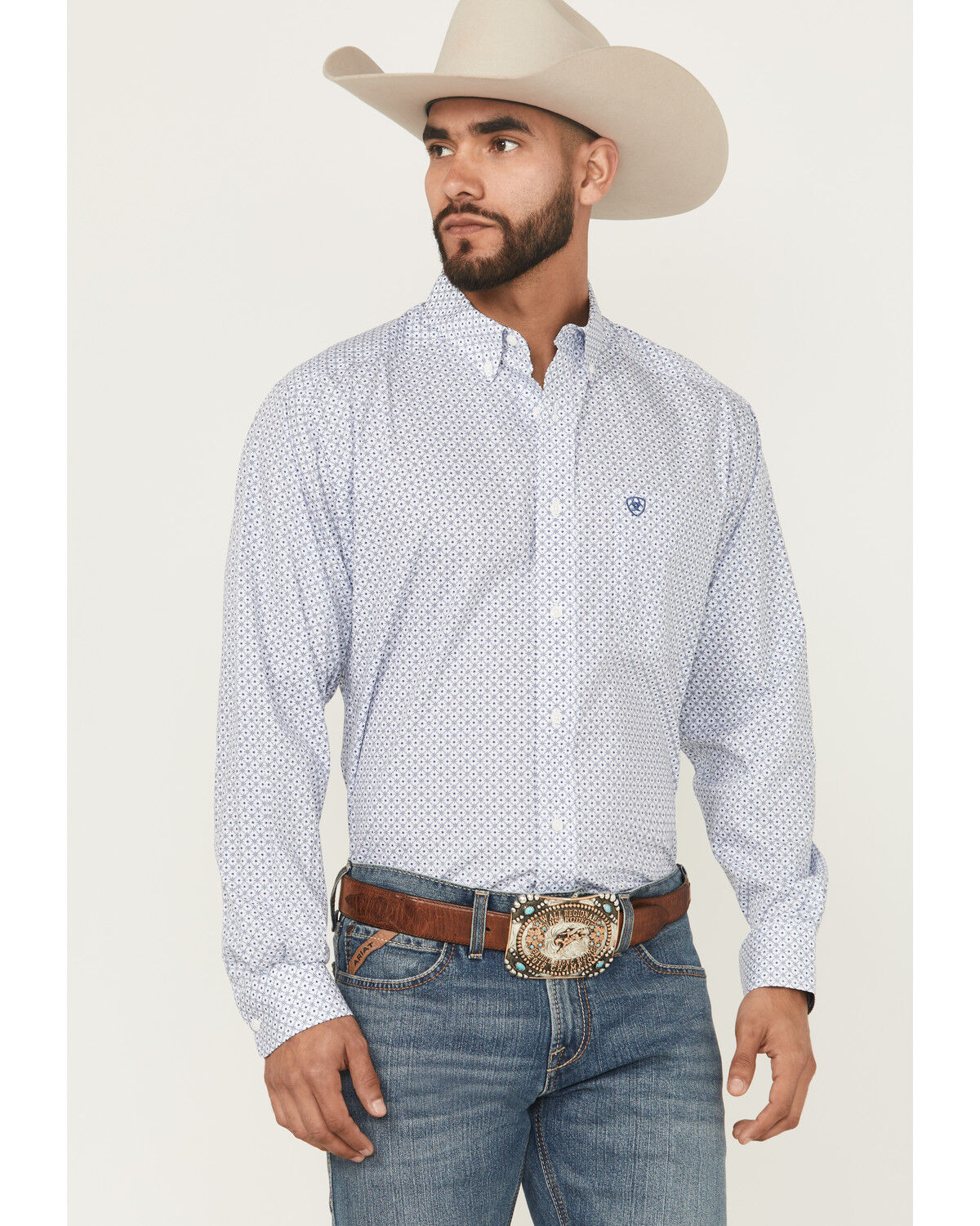 Image #1 - Ariat Men's Danny Wrinkle Free Geo Print Long Sleeve Button-Down Western Shirt, Blue, hi-res
