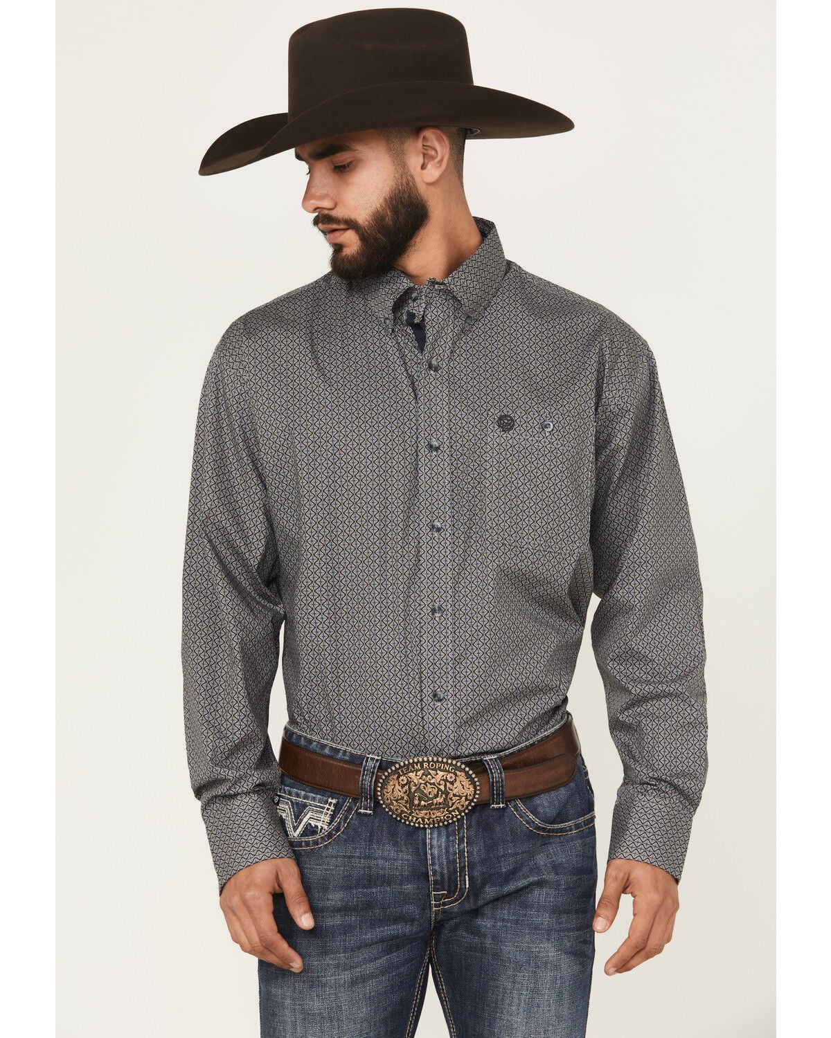 Image #1 - Wrangler Men's Micro Geo Print Long Sleeve Button-Down Western Shirt - Big, Black, hi-res