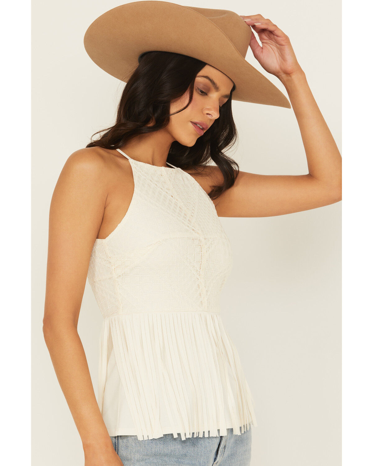Image #2 - Shyanne Women's Stretch Lace Halter Fringe Tank, Cream, hi-res