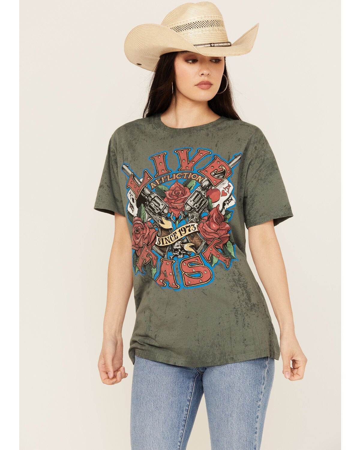 Affliction Women's Live Fast Studded Short Sleeve Graphic Tee, Grey, hi-res