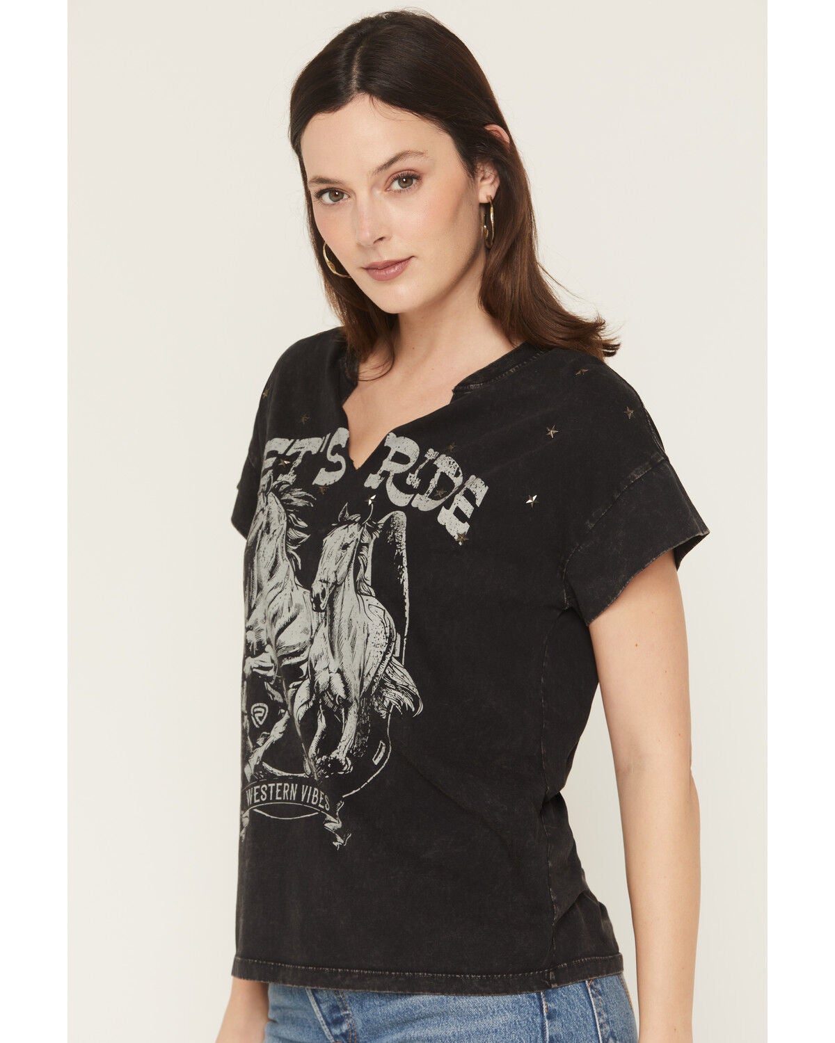 Image #2 - Rock & Roll Denim Women's Let's Ride Short Sleeve Graphic Tee, Black, hi-res