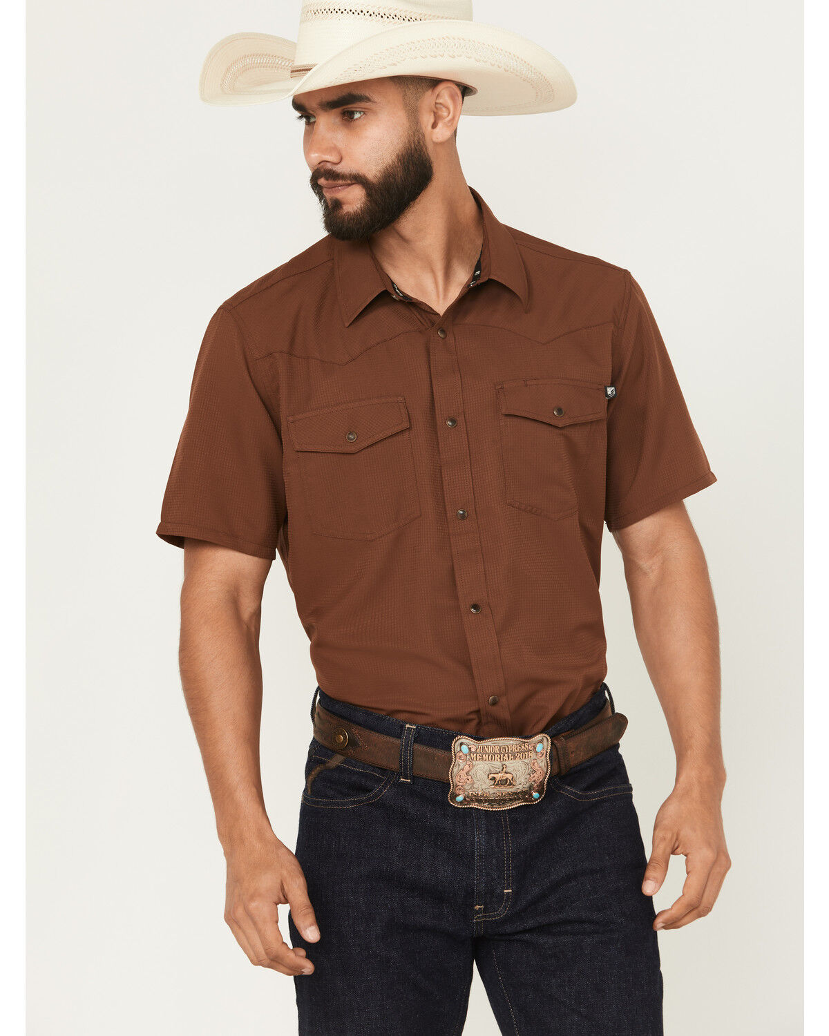 Image #1 - RANK 45® Men's Ridge Solid Short Sleeve Snap Performance Shirt, Rust Copper, hi-res