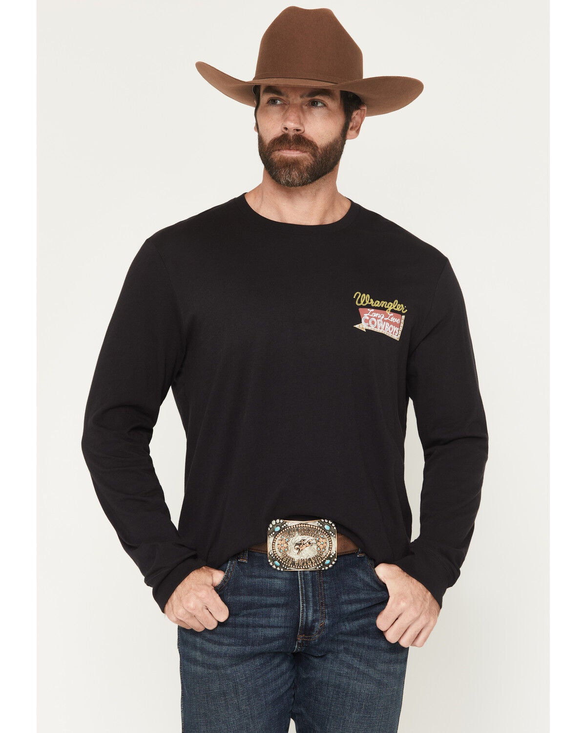 Image #2 - Wrangler Men's Long Live Cowboys Long Sleeve Graphic T-Shirt, Black, hi-res