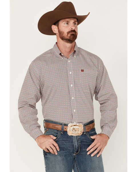 Cinch Men's Medallion Print Long Sleeve Button-Down Western Shirt, Cream, hi-res