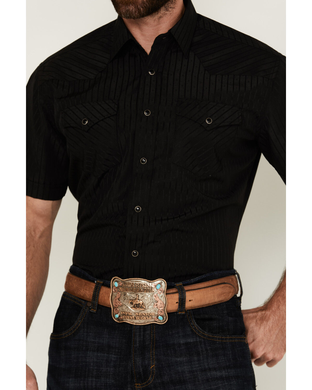 Image #3 - Rodeo Clothing Men's Tonal Satin Striped Short Sleeve Pearl Snap Western Shirt - Tall, Black, hi-res