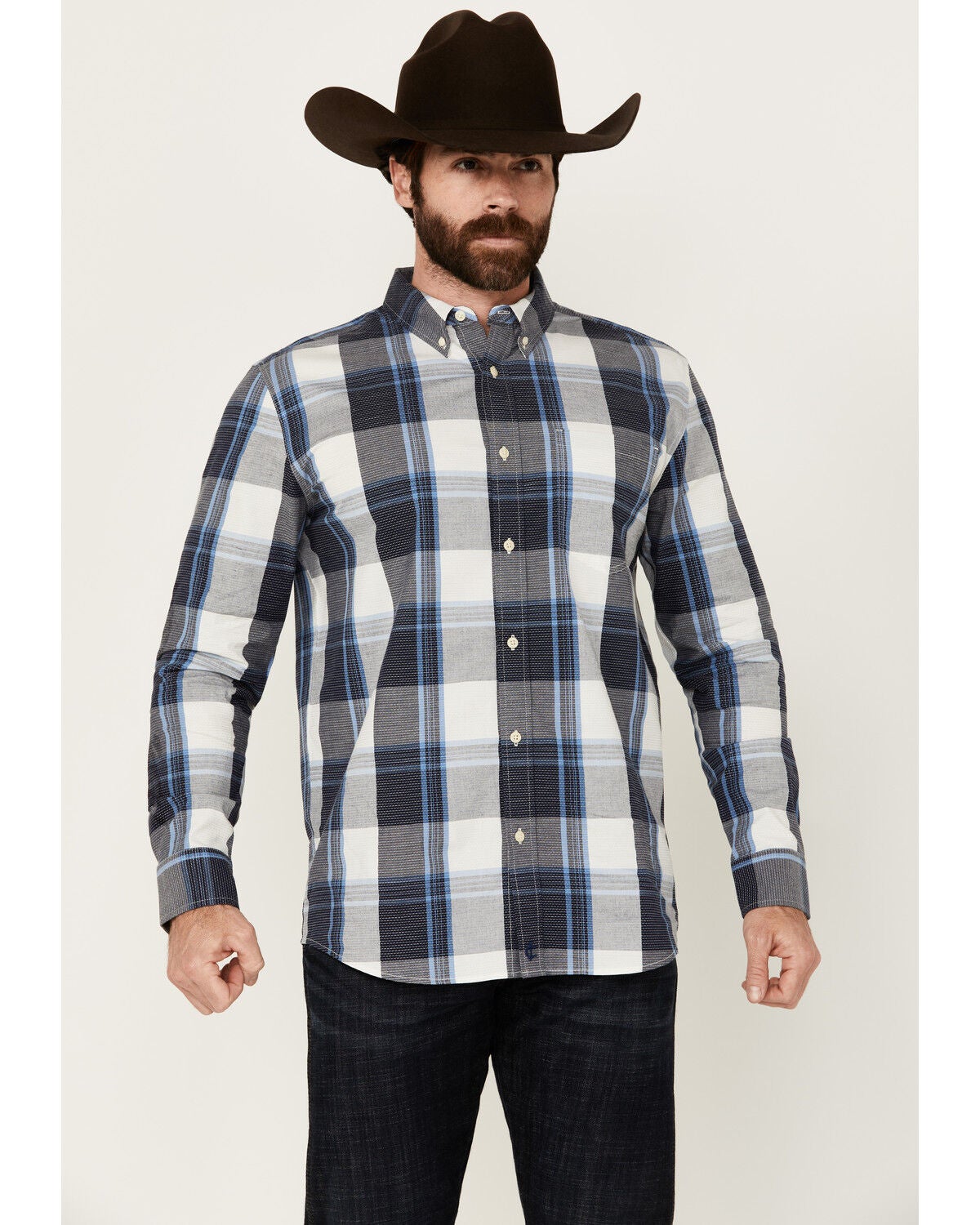 Cody James Men's Gallop Plaid Print Long Sleeve Button-Down Stretch Western Shirt, White, hi-res