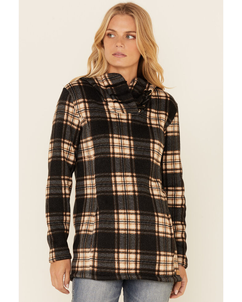 Powder River Outfitters Women's Brown Plaid Cowl Neck Fleece Hoodie , Brown, hi-res
