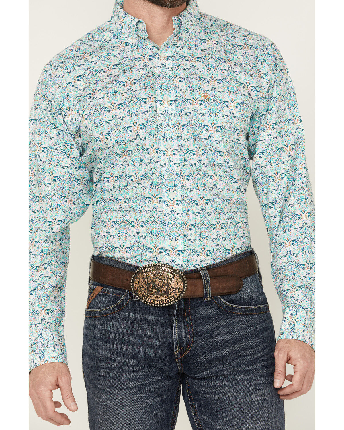Image #3 - Ariat Men's Jerome Paisley Print Long Sleeve Button-Down Western Shirt, Teal, hi-res