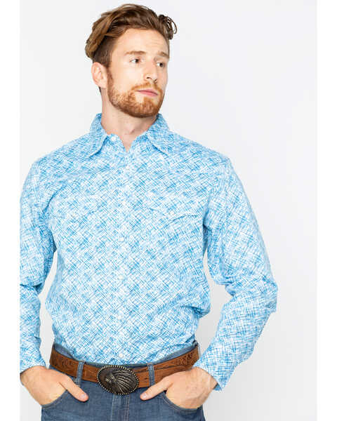 Wrangler 20X Men's Advanced Comfort Poplin Print Long Sleeve Western Shirt , Blue, hi-res