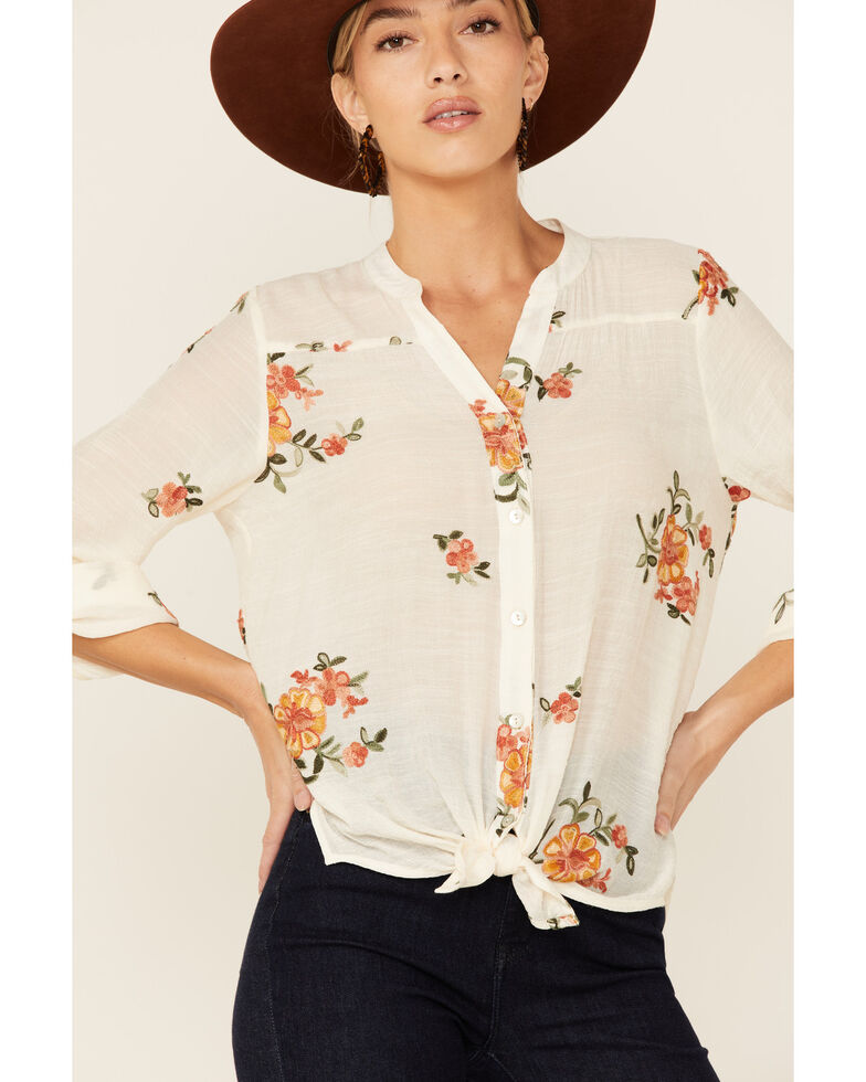 Oilve Hill Women's White Floral Embroidered Button-Down Long Sleeve Blouse Top , White, hi-res