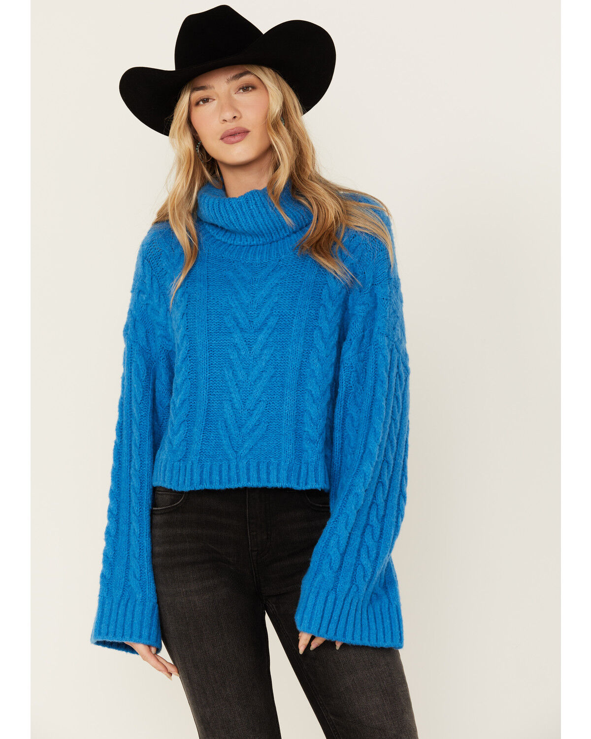 Image #1 - Revel Women's Turtleneck Cable Knit Cropped Sweater, Blue, hi-res