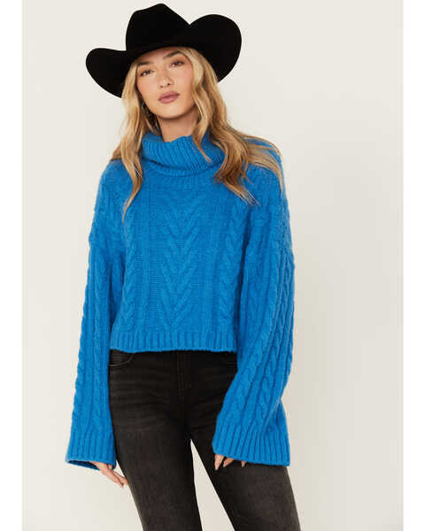 Revel Women's Turtleneck Cable Knit Cropped Sweater , Blue, hi-res