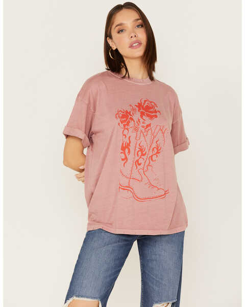 Girl Dangerous Women's Floral Cowgirl Boots Graphic Oversized Tee, Pink, hi-res