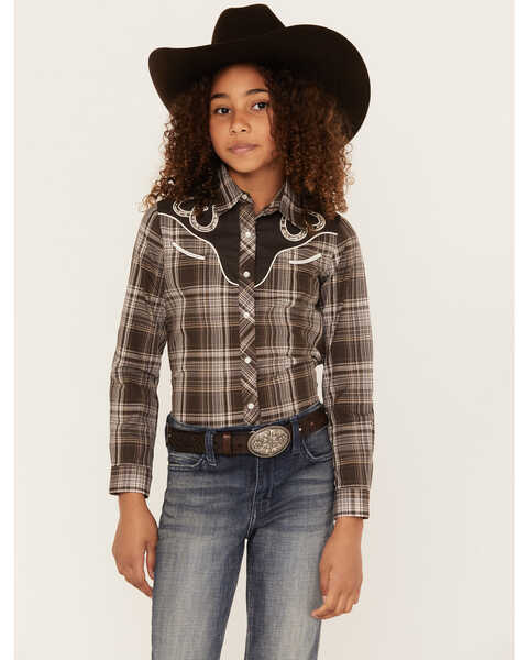 Image #1 - Roper Girls' Horseshoe Plaid Print Long Sleeve Pearl Snap Western Shirt, Brown, hi-res