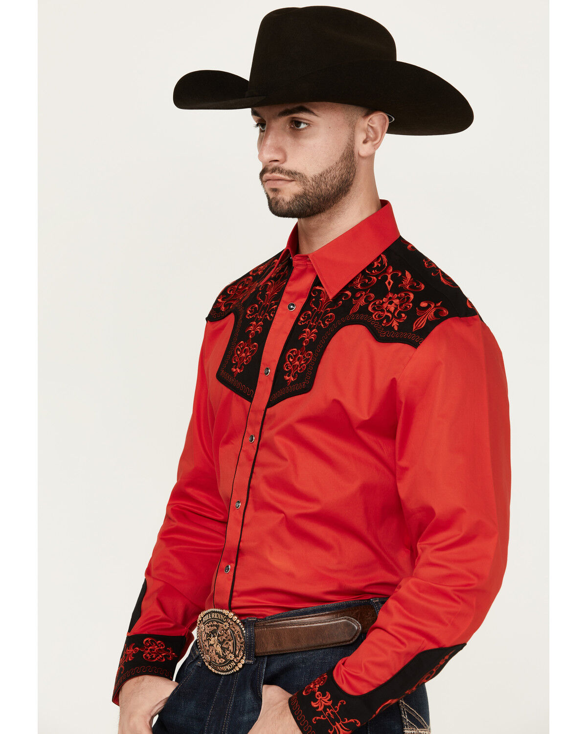 Image #2 - Rodeo Clothing Men's Embroidered Yoke Long Sleeve Pearl Snap Western Shirt, Red, hi-res