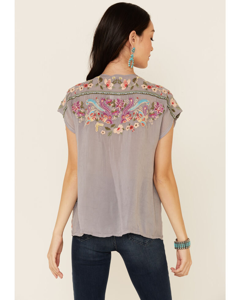 Johnny Was Women's Grey Talon Floral Embroidered Short Sleeve Top, Grey, hi-res