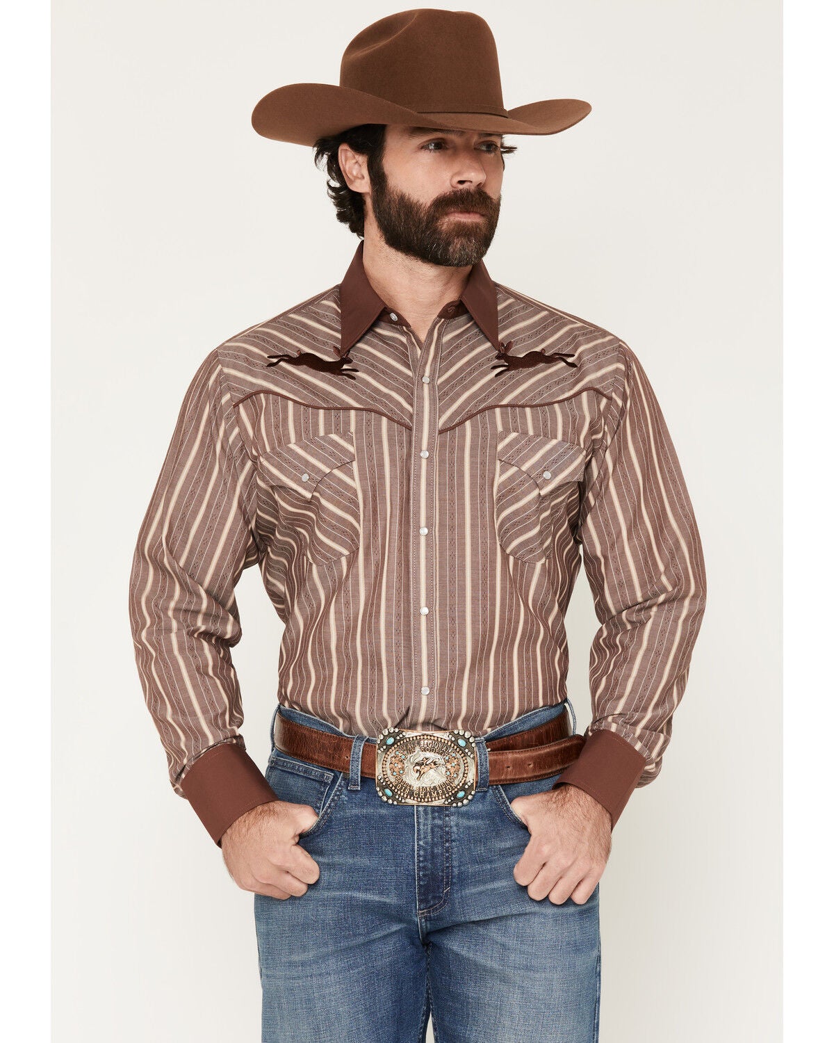 Ely Walker Men's Jackalope Embroidered Striped Long Sleeve Pearl Snap Western Shirt, Burgundy, hi-res