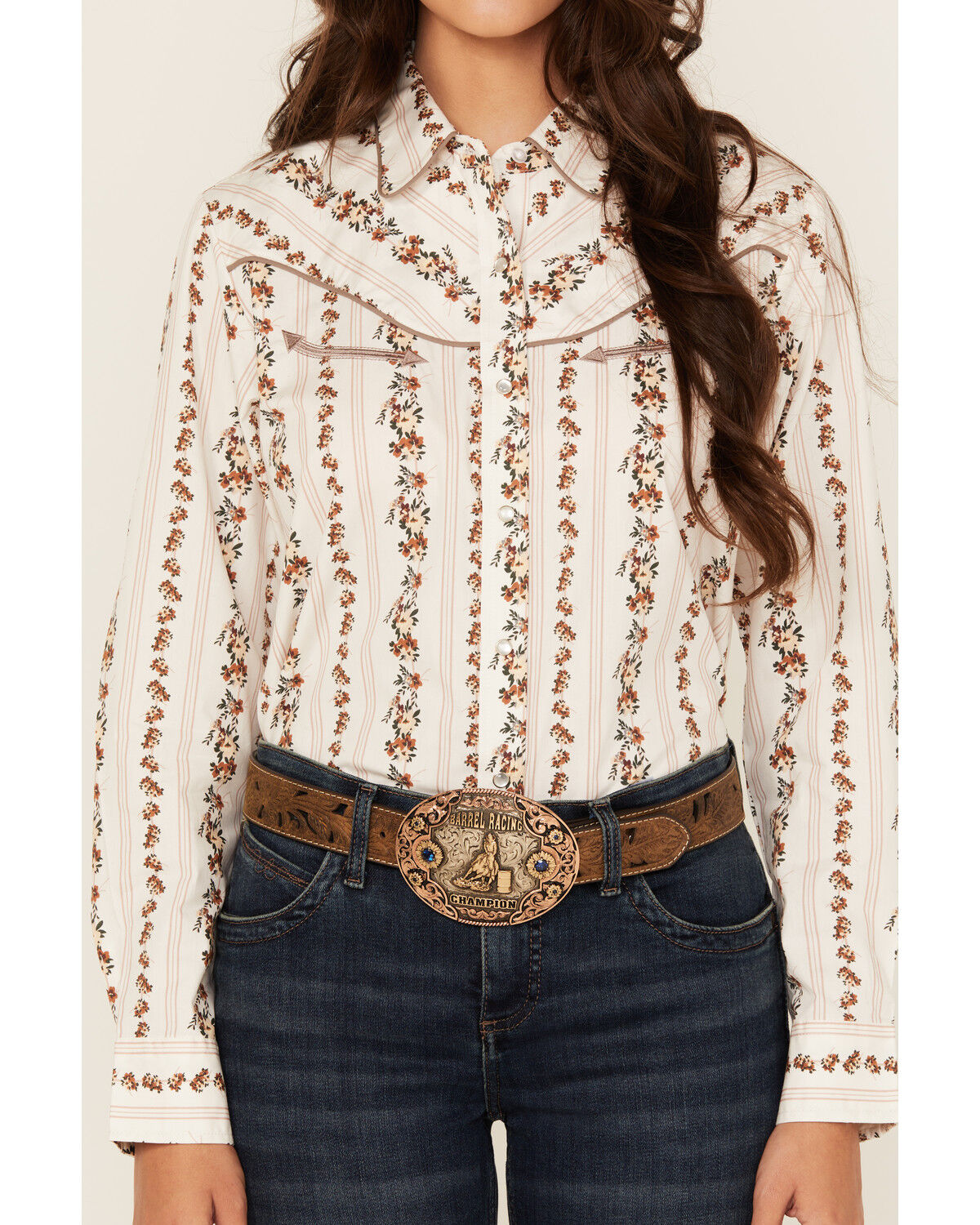 Image #3 - Ely Walker Women's Floral Wallpaper Print Long Sleeve Snap Stretch Western Shirt, Off White, hi-res