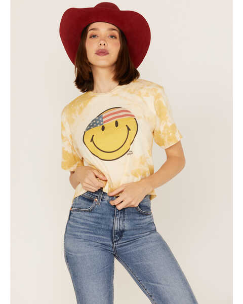 Bohemian Cowgirl Women's Boot Barn Exclusive Americana Smiley Face Graphic Bleach Spray Tee, Mustard, hi-res