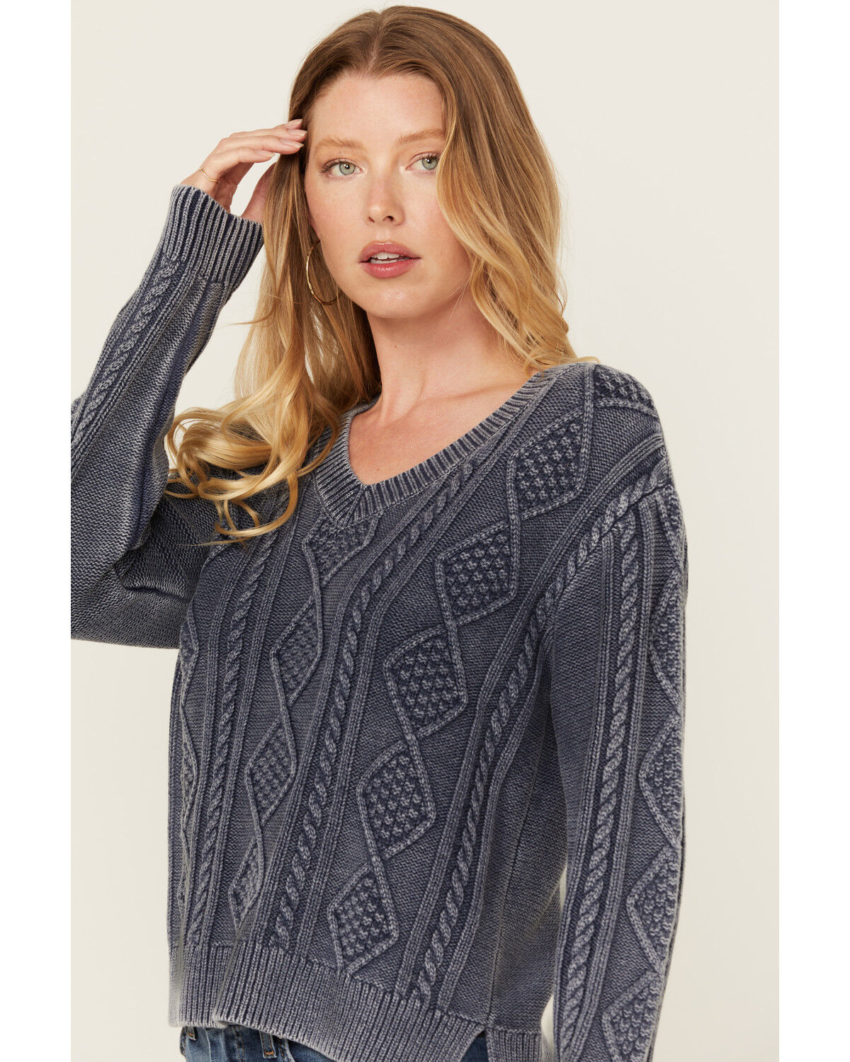 Image #3 - Cleo + Wolf Women's Clark Acid Wash Cable Knit Sweater, Blue, hi-res