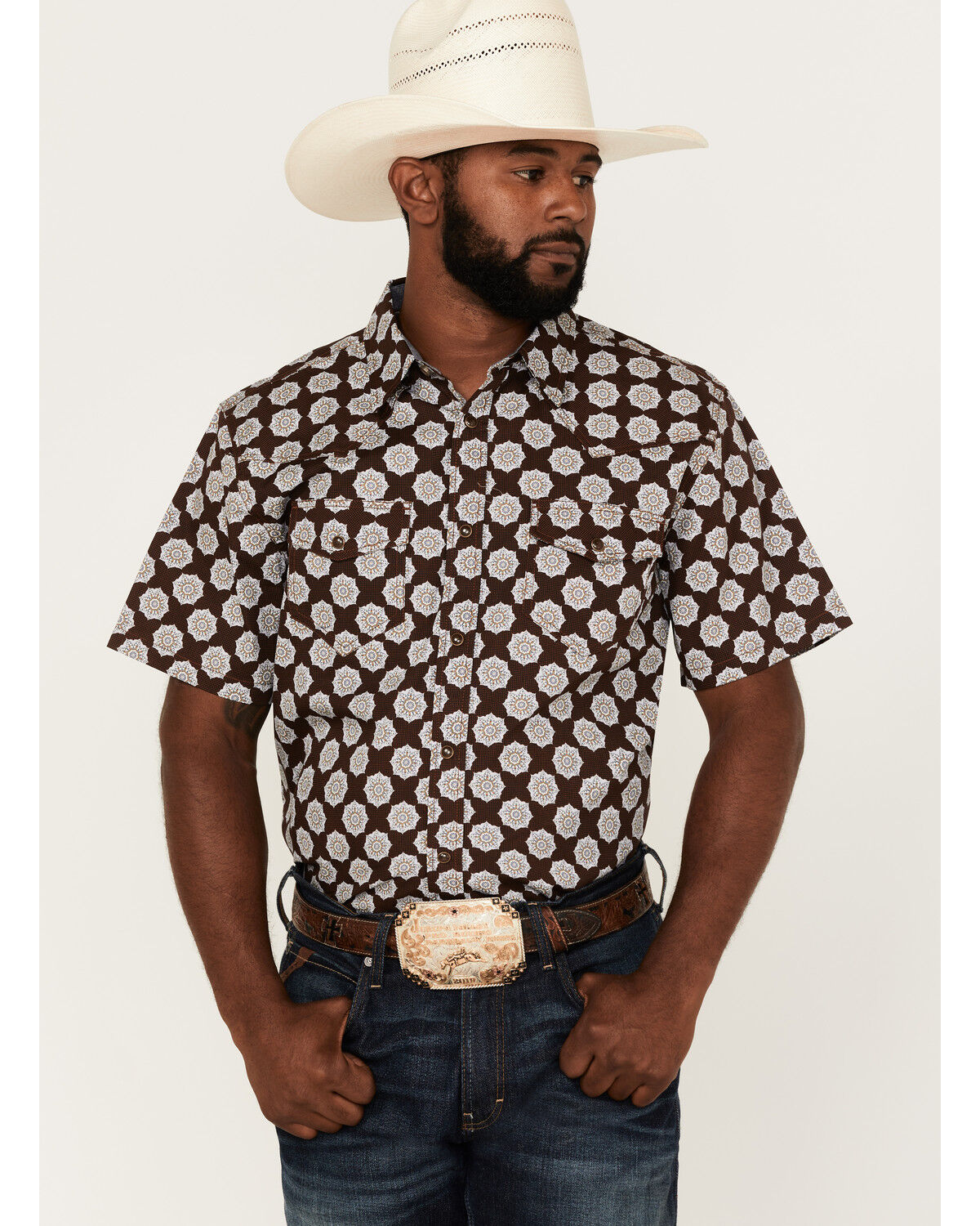 Image #1 - Cody James Men's Kingsland Medallion Print Short Sleeve Snap Western Shirt, Multi, hi-res