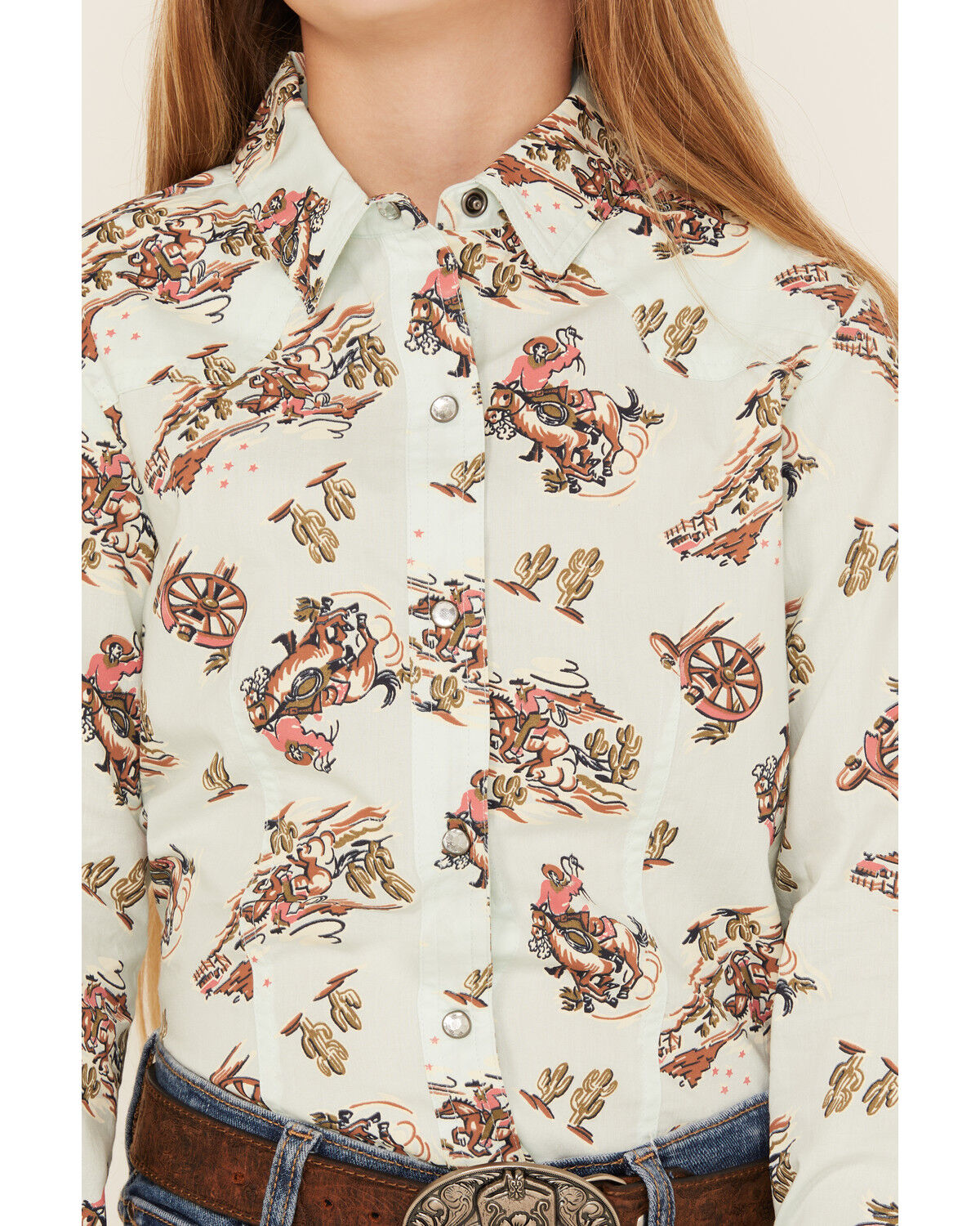 Image #3 - Cruel Girl Girls' Printed Long Sleeve Rhinestone Snap Western Shirt, Light Blue, hi-res