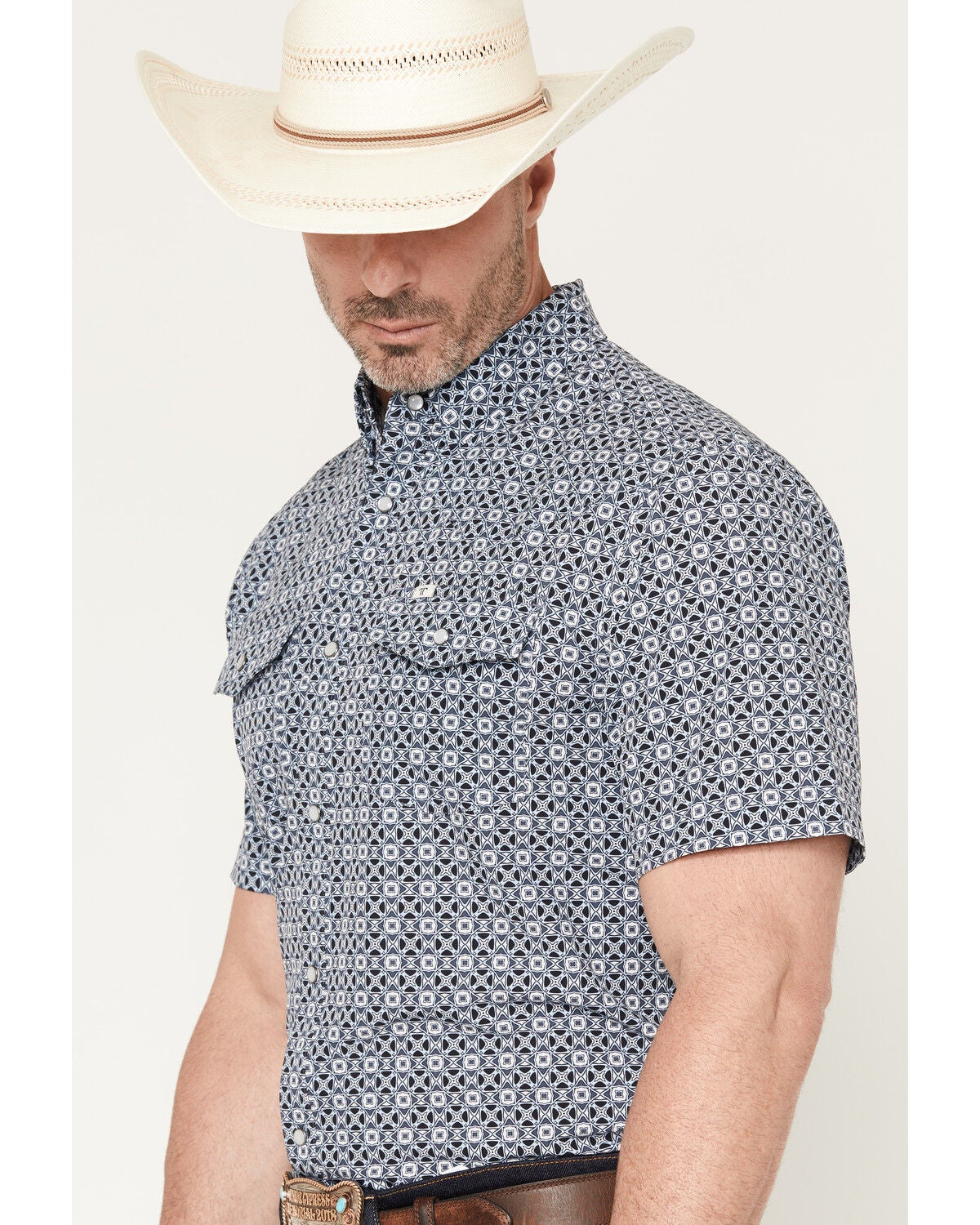 Image #2 - Ferrell Men's Emerson Tek Medallion Print Short Sleeve Pearl Snap Stretch Western Shirt, Blue, hi-res